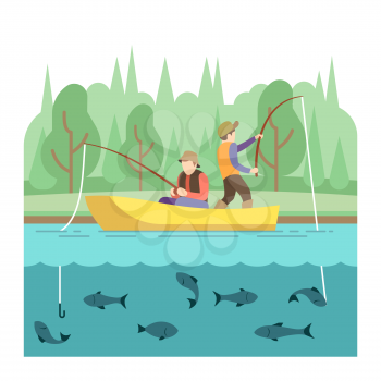 Outdoor summer activities. Fishing sport vector concept. Summer vacation fishing, illustration outdoor river boat