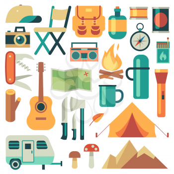 Tourists equipment and travel accessories vector set. Forest camping and hiking flat elements. Equipment for hiking outdoor adventure, camp and backpack illustration