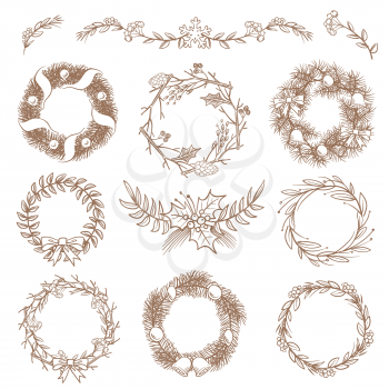 Christmas hand drawn wreaths, border frames with fir branch vector doodle design elements. Illustration of christmas frame wreath