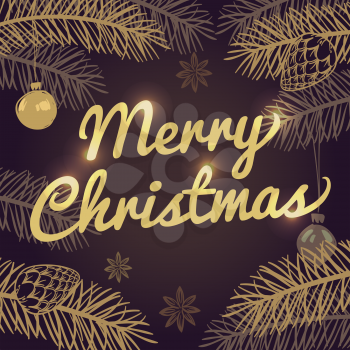 Happy Merry Christmas holiday vector greeting card with fir branches and gold typography. Banner merry christmas and xmas holiday illustration