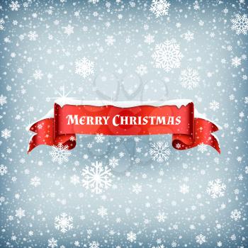 Merry Christmas celebration background with falling snow and red banner ribbon vector illustration. Xmas ribbon banner with snowflake