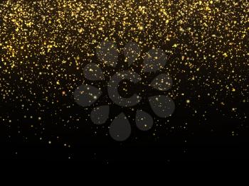 Golden rain isolated on black background. Vector gold grain texture celebratory wallpaper. Chaotic confetti crystals yellow bright illustration
