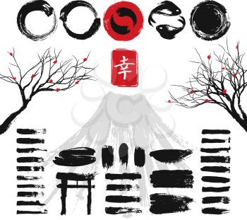Japanese ink grunge art brushes and asian design elements vector set. Japanese ink black texture stroke illustration