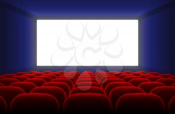 Realistic cinema hall interior with blank white screen and red seats vector illustration. Cinema show with white screen empty