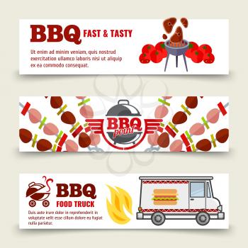 BBQ and steak horizontal banners template. Meat, barbecue and a food truck on a white background. Vector set banner illustration