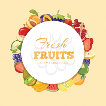 Different kinds of fruits vector background. Badge fresh fruits organic illustration