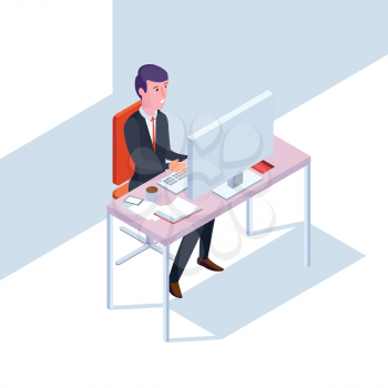 Isometric SEO businessman at work. Flat style office vector illustration. Man in office work at computer