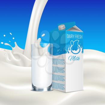 Milk advertising concept. Realistic milk box with cup on blue background. Vector illustration