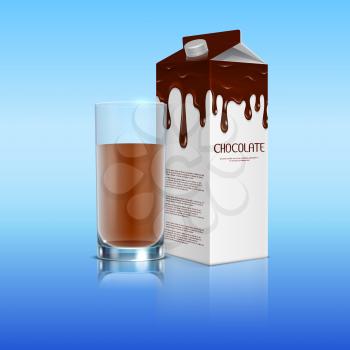Milk chocolate in the package with a full glass of cocoa realistic. Pack drink cocoa sweet, vector illustration