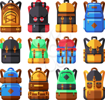 Tourist backpack vector flat icons. Hiker knapsack isolated on white. Knapsack and backpack for adventure travel and journey illustration