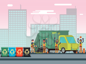 Recycle waste bins with different waste types. Waste management concept with sanitation workers, garbage truck and trash bins. Vector illustration