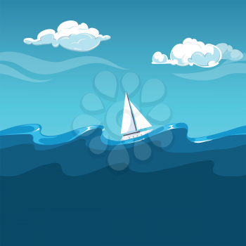 Sea illustration. White sailboat on big waves. Boat in ocean vector