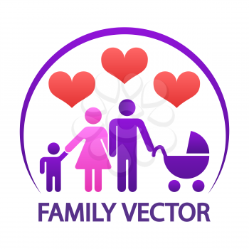 Colorful happy family logo - parents with child and baby carriage vector emblem. Vector illustration