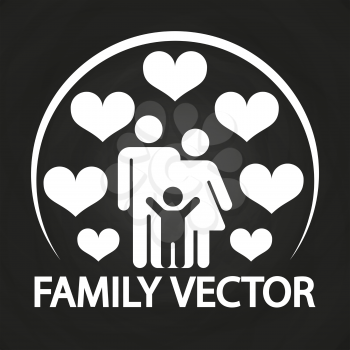 Happy love family logo design - parents with kid and hearts on blackboard. Vector illustration