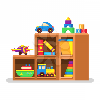 Kids toys on wood rack for interior room, vector illustration