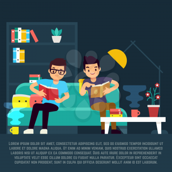 Boys reading books in living room and drinking tea. Vector illustration