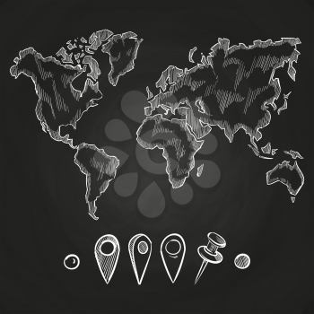Chalkboard with doodle world map and pins. Travel atlas blackboard, vector illustration