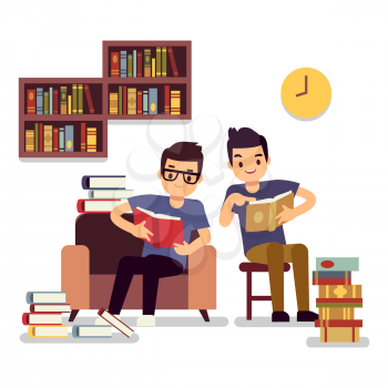 Two boys reading books isolated on white background - self-education flat concept. Vector illustration