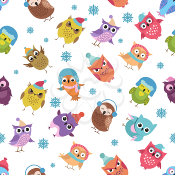 Funny winter owls vector seamless pattern. Christmas holiday background. Illustration of wild xmas owl and snow