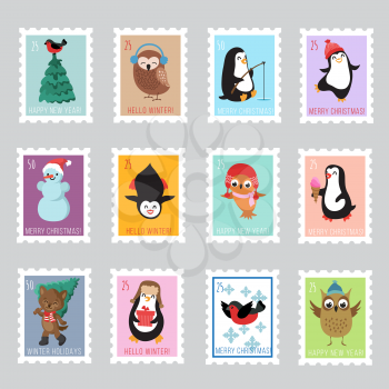 Christmas santa postage stamps for greeting card. Vector set of christmas stamp with penguin and owl illustration