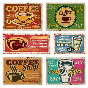 Vintage coffee shop and cafe metal vector signs in old 1940s style. Vintage coffee poster grunge, banner with hot coffee illustration