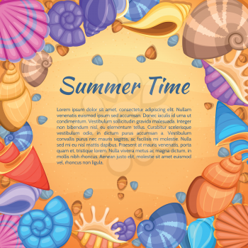 Summer travel vector card with cartoon sea shell border. Summer time banner with shell frame and beach sand illustration