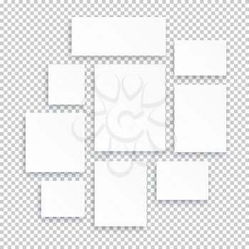 Blank white 3d paper canvas or photo frames isolated on transparent background. Vector illustration