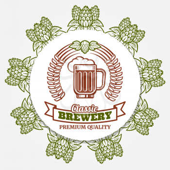 Round beer banner with hops and beer label. Vector illustration
