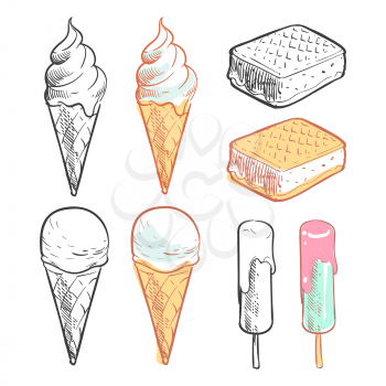 Outline and colorful sketch sweet ice cream collection. Vector illustration
