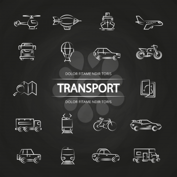 Transport line icons collection on blackboard. Transportation bus and car, vector illustration