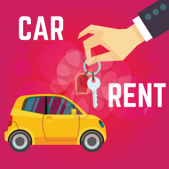 Car rent vector illustration. Flat-style yellow car, hand holding keys. Flat style on red background. Banner car rent business, automobile service