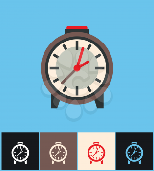 Clock icon. Flat vector illustration on different colored backgrounds. Brown analog clock set icons