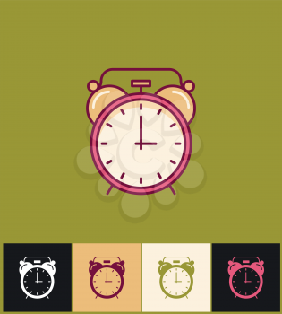 Clock icon. Flat vector illustration on different colored backgrounds. Pink simple clock with bell. Time clock icon