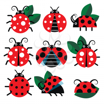 Cute ladybug vector icons. Cartoon-style bugs and leaves. Cartoon insect graphic illustration