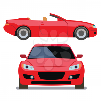 Vector flat-style cars in different views. Red cabriolet transport, illustration of modern machine