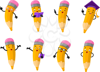 Cartoon clever pencil character vector set. Character happy pencil with face. Vector illustration