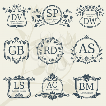 Vintage elegance wedding monograms with floral frames. Vector stock. Floral monogram frame logo with letter illustration