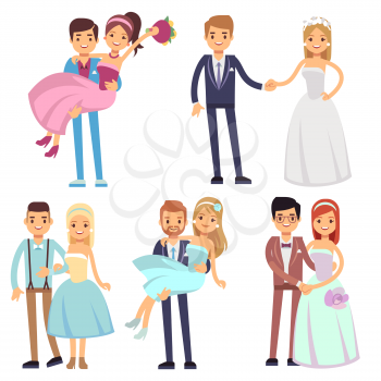 Happy smiling wedding couples isolated vector set. Young brides and grooms cartoon characters. Cartoon woman young wedding, happy love wife and groom illustration