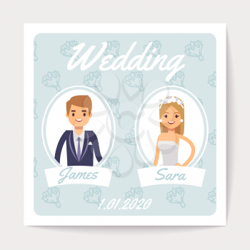 Wedding invitation vector card with happy married couple - cartoon bride and groom. Wedding love groom and bride card illustration