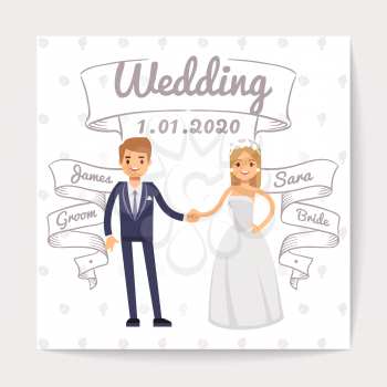 Wedding invitation card with just married young couple and them names on hand drawn ribbons vector template. Wedding invitation couple woman and man illustration