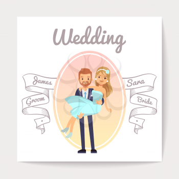 Vintage wedding invitation card vector template with happy couple. Invitation to wedding with photo couple bride and groom illustration