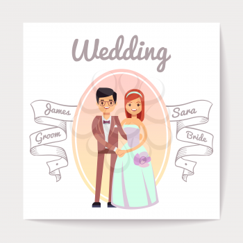 Cartoon married or engaged couple bride and groom wedding vector card. Wedding banner with groom and bride illustration