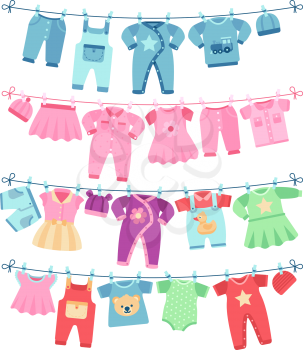 Baby clothes drying on clothesline vector illustration. Clothing baby clean, garment on clothesline