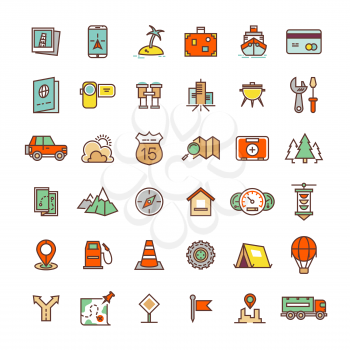 Travel, camping, location flat icons collection. Luggage and navigation, baggage and location map illustration