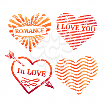 Colorful grunge hearts stamp collection. Set color shape romantic stamp. Vector illustration