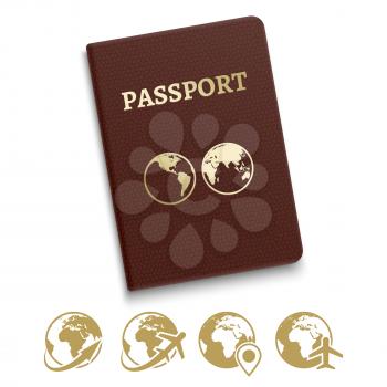 Red cover passport and travel and navigation icons. Vector illustration