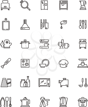 Cuisine, kitchen tools and appliances line vector icons. Restaurant cooking pictograms. Kitchen tools and utensil illustration