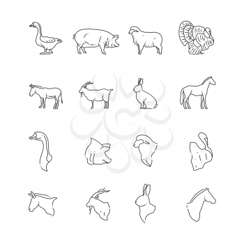 Farm birds and animal line icon - full and heads of animals. Vector illustration