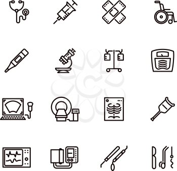 Healthcare medical equipment and hospital line vector icons. Microscope and syringe, dropper and x-ray, thermometer and ultrasound medical equipment illustration