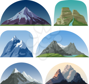 Cartoon mountain side vector landscapes. Outdoor hill tops isolated collection. Mountain landscape hill peak, rock and snow illustration